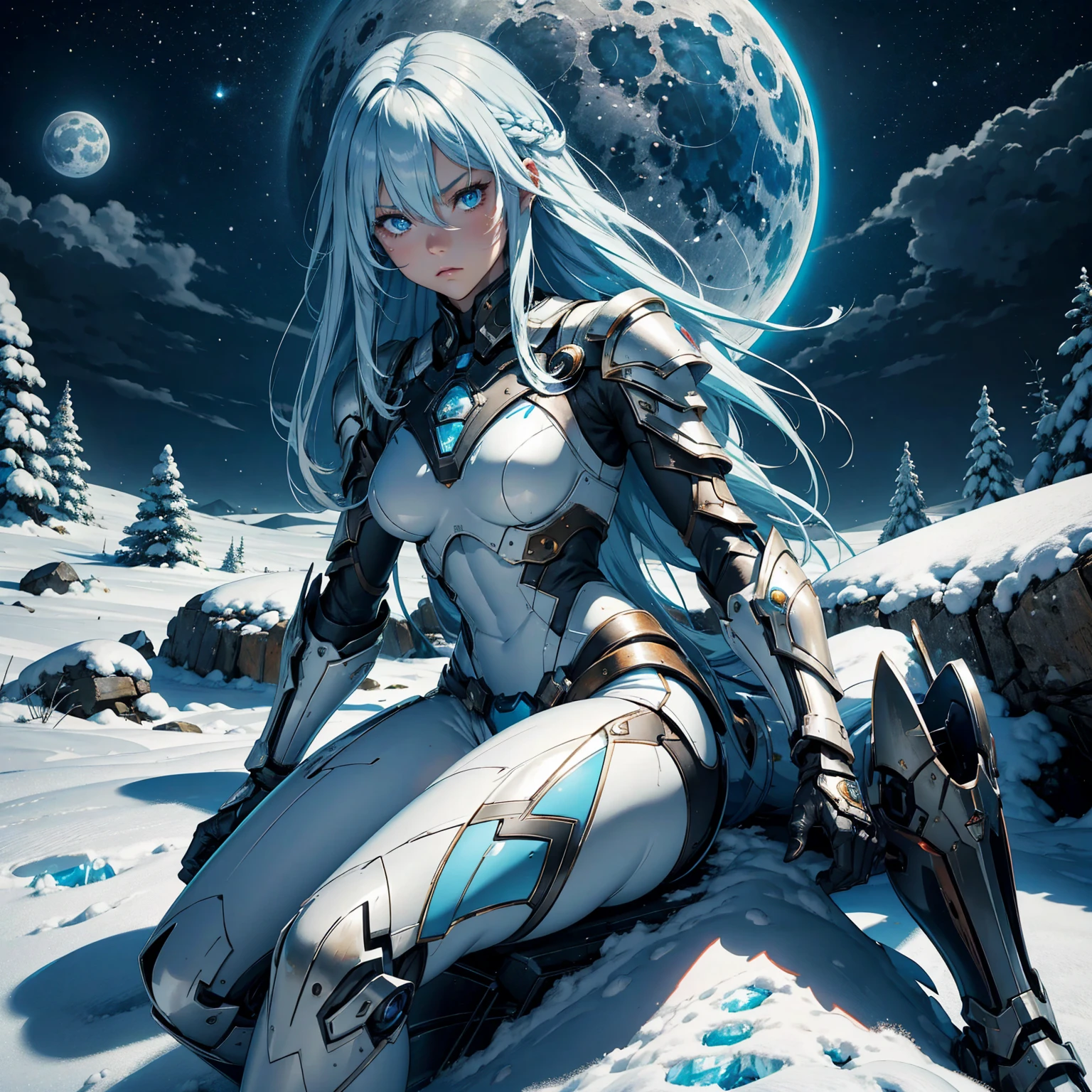 1girl!!!, very long bob hair with bangs, light blue hair, very small breasts, small size, blue eyes, fair skin, very lots of scars on body!, no scars on face!!, serious face, Small battle armor, ice magic, full body, sitting, night, moon, snowy ruin, very sexy body, detailed face, highly detailed, 8k, best quality, masterpiece, vibrant colors, digital art, concept art