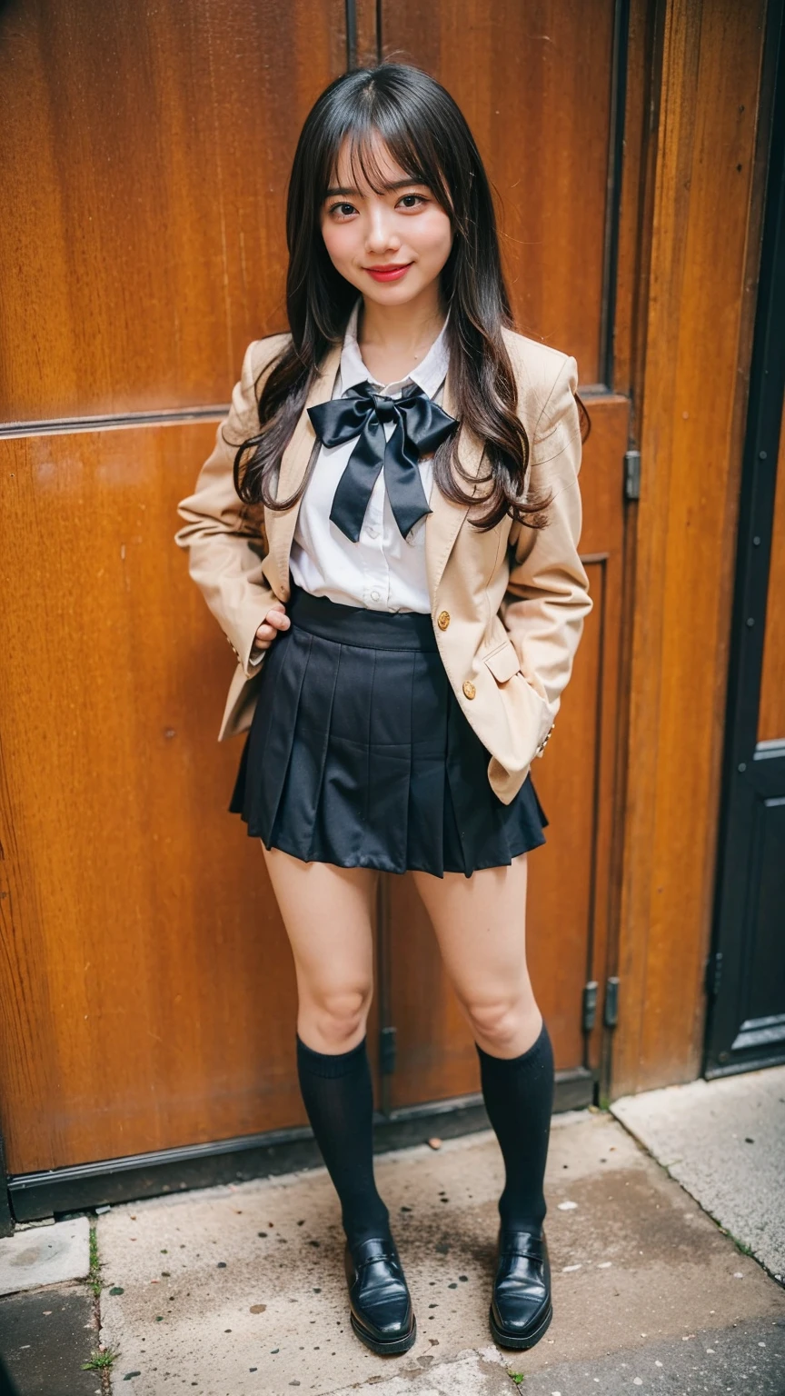 (8K、RAW Photos、Highest quality、masterpiece:1.2)、(Realistic、Realistic)、1 Girl、((Check mini skirt、High school uniform、blazer、blackいソックス、loafers、Medium Hair、black、Thin legs、garden、View from the front、smile、Looking into the camera、Stand with hands on hips))、cute