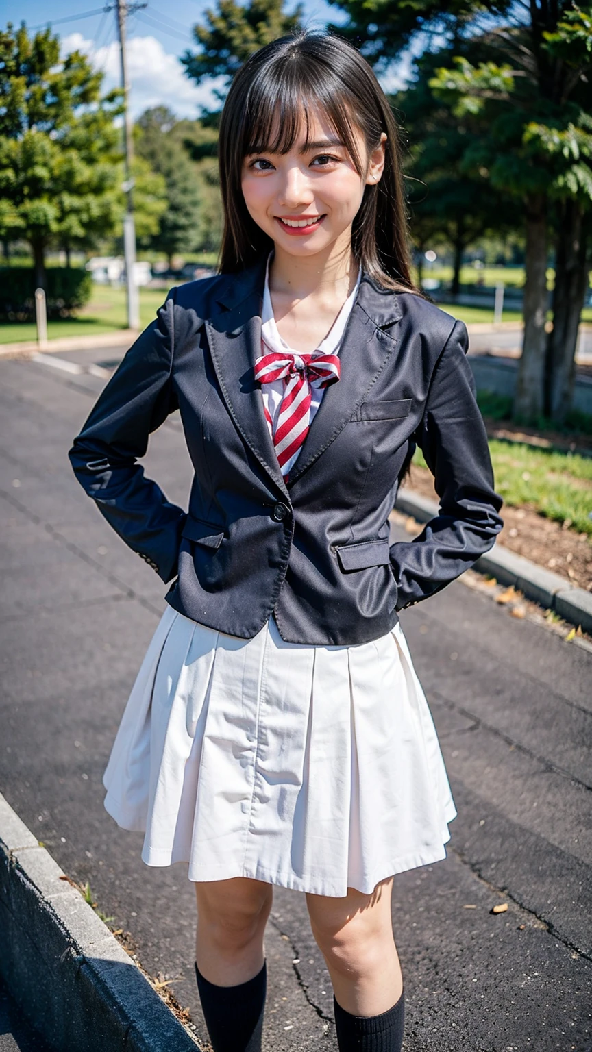(8K、RAW Photos、Highest quality、masterpiece:1.2)、(Realistic、Realistic)、1 Girl、((Check mini skirt、High school uniform、blazer、blackいソックス、loafers、Medium Hair、black、Thin legs、garden、View from the front、smile、Looking into the camera、Stand with hands on hips))、cute