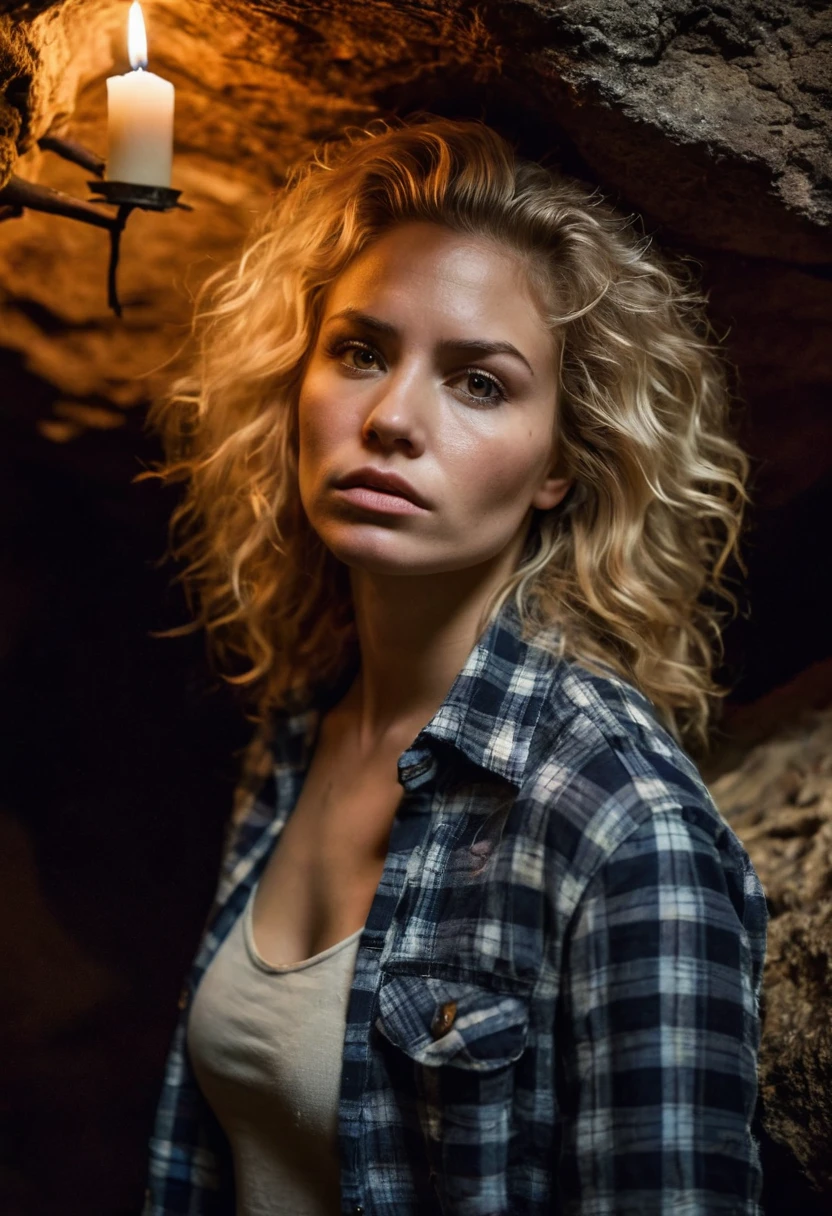 photograph of a woman, (troubled facial expression), textured skin, goosebumps, blonde afro hair, plaid flannel shirt with distressed boyfriend jeans, cowboy shot, dark and mysterious cave with unique rock formations and hidden wonders, perfect eyes, (candlelight,chiaroscuro), Porta 160 color, shot on ARRI ALEXA 65, bokeh, sharp focus on subject, shot by Don McCullin