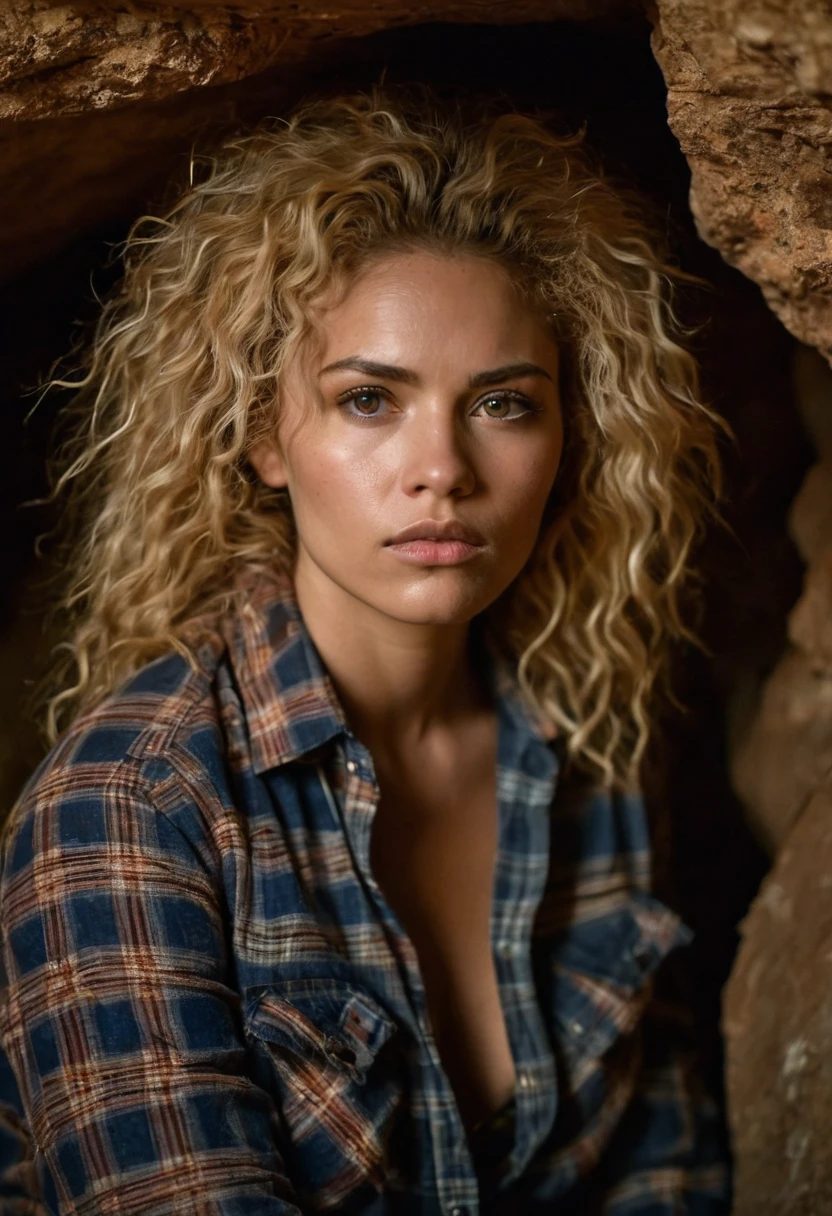 photograph of a woman, (troubled facial expression), textured skin, goosebumps, blonde afro hair, plaid flannel shirt with distressed boyfriend jeans, cowboy shot, dark and mysterious cave with unique rock formations and hidden wonders, perfect eyes, (candlelight,chiaroscuro), Porta 160 color, shot on ARRI ALEXA 65, bokeh, sharp focus on subject, shot by Don McCullin