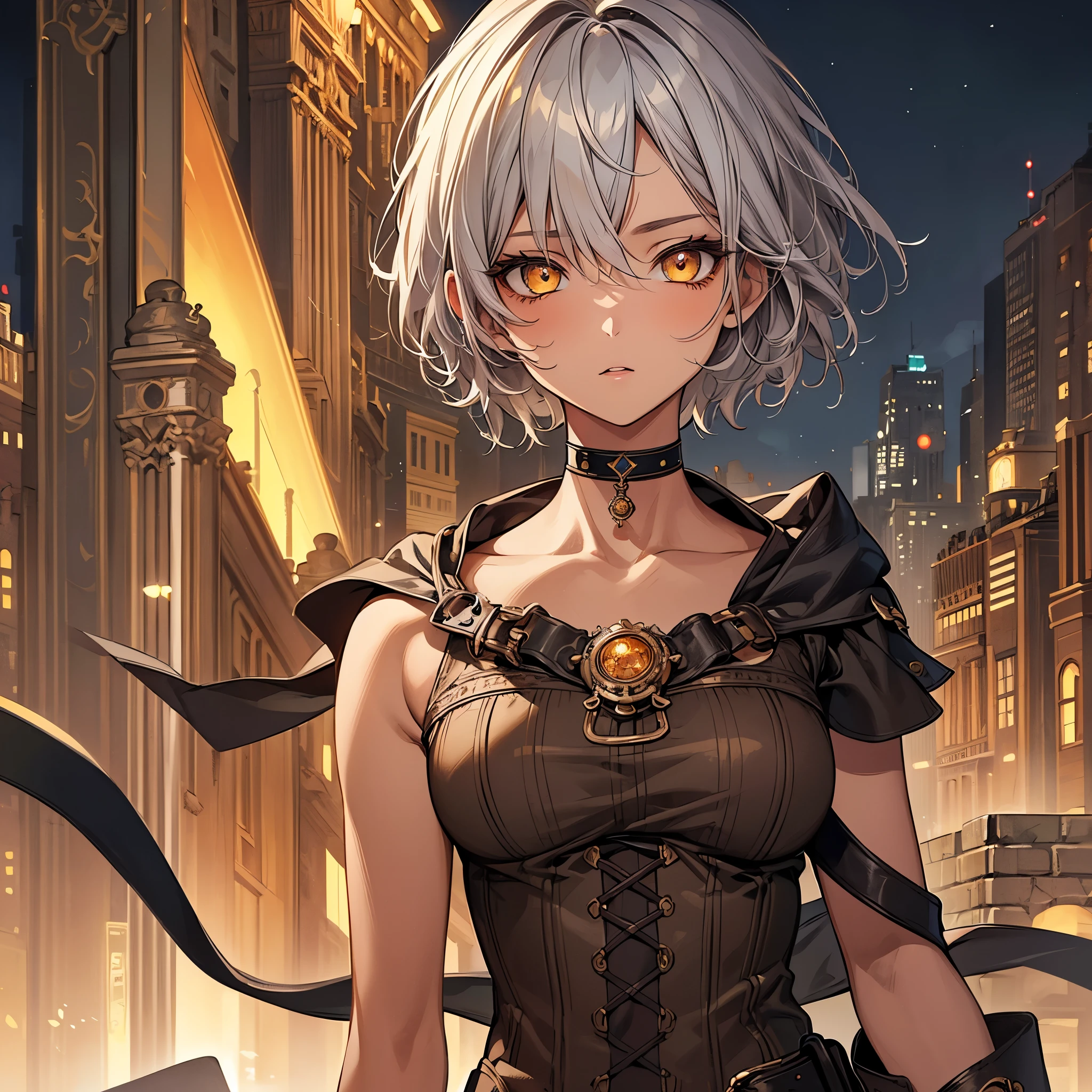 masterpiece, Highest quality, Perfect Face, Highest Resolution, Highest quality,Detailed depiction of the eyes, 1 girl, young, deep tan skin, slate gray hair, short hair, upturned eyes, Yellow Orange eyes, Perfect Anatomy, Steampunk, ribbon choker, Brick city, night
