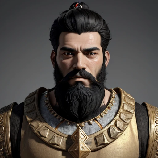 (masterpiece), (best quality),(portrait),(bust up),1boy,solo, animation style render, 3D, (pixer style) ,(clay) ,(sharp focus),(look at viewer),Mesopotamian king,black hair,(black beard) ,plenty of beard, (ancient man:1), ancient luxurious long clothes,