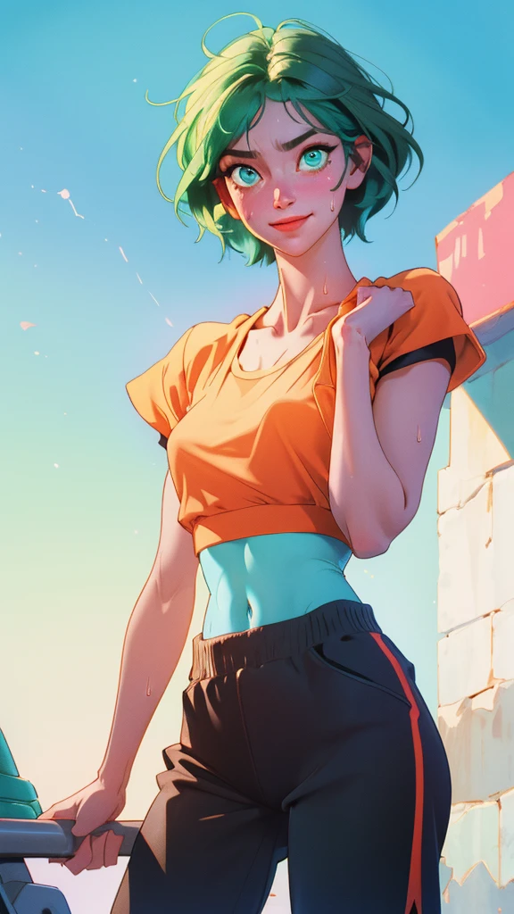 ((((masterpiece, best quality, high resolution)))), Extremely detailed 8K, 1 female, wearing a white crop top and black gym shorts, (Ultra HD, Ultra-detailed, Highly detailed, Highly realistic, Ultra-realistic, photograph realistic), (1girl:1.5), (Realistic green short hair), (dynamic poses), facing at camera, looking at viewer, (a smiling face), (regular hazel eyes, sharp eyes), (perky breasts:1.2), (beautiful detailed face, beautiful detailed eyes), ((slightly sweating)), (preparing for a workout), sweat, glow, (sunbeam, sunlight), ((cowboy shot)), gym background, seductive, EnvyBetterHands LoCon,
