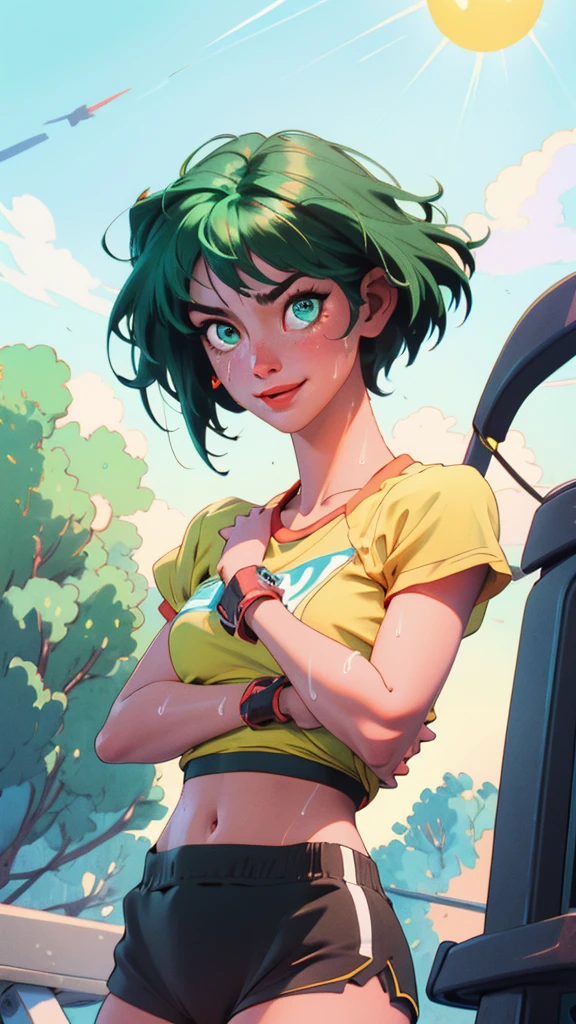 ((((masterpiece, best quality, high resolution)))), Extremely detailed 8K, 1 female, wearing a white crop top and black gym shorts, (Ultra HD, Ultra-detailed, Highly detailed, Highly realistic, Ultra-realistic, photograph realistic), (1girl:1.5), (Realistic green short hair), (dynamic poses), facing at camera, looking at viewer, (a smiling face), (regular hazel eyes, sharp eyes), (perky breasts:1.2), (beautiful detailed face, beautiful detailed eyes), ((slightly sweating)), (preparing for a workout), sweat, glow, (sunbeam, sunlight), ((cowboy shot)), gym background, seductive, EnvyBetterHands LoCon,