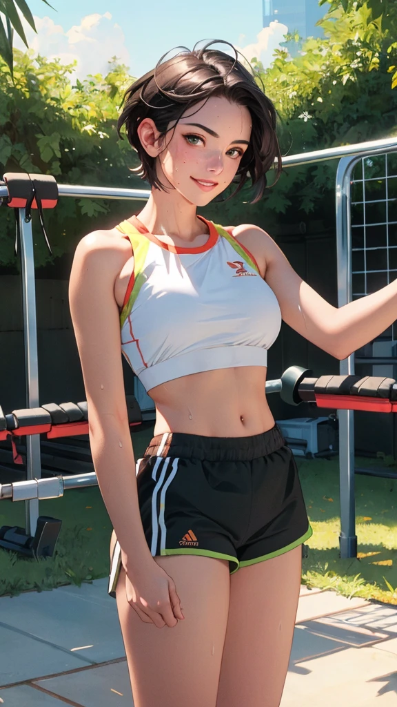((((masterpiece, best quality, high resolution)))), Extremely detailed 8K, 1 female, wearing a white crop top and black gym shorts, (Ultra HD, Ultra-detailed, Highly detailed, Highly realistic, Ultra-realistic, photograph realistic), (1girl:1.5), (Realistic green short hair), (dynamic poses), facing at camera, looking at viewer, (a smiling face), (regular hazel eyes, sharp eyes), (perky breasts:1.2), (beautiful detailed face, beautiful detailed eyes), ((slightly sweating)), (preparing for a workout), sweat, glow, (sunbeam, sunlight), ((cowboy shot)), gym background, seductive, EnvyBetterHands LoCon,