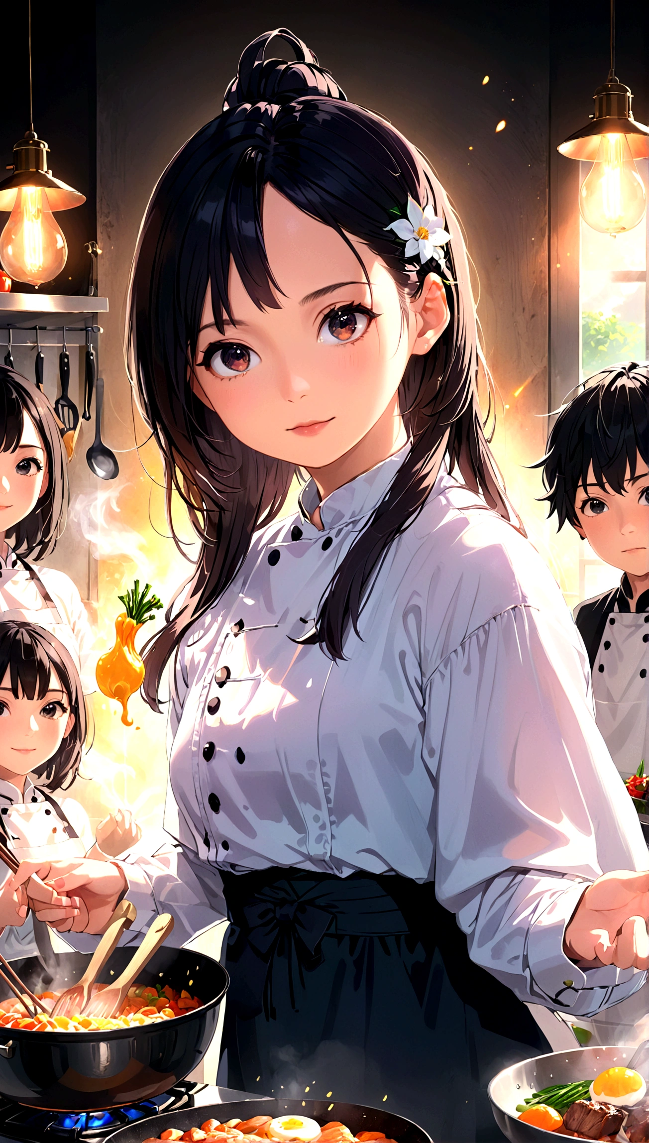 8K portrait of a beautiful young woman in a J-POP style, feeling extremely happy while cooking with her family, extremely detailed, high quality, ultra-high resolution, photorealistic, masterpiece, cinematic composition, trending on ArtStation