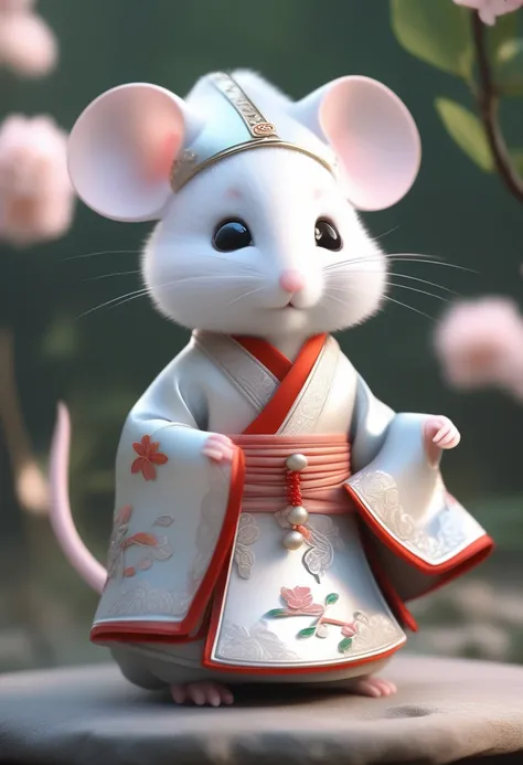 little white mouse wearing soft tang dynasty hanfu, super cute, light, intricate filigree design, pixar style, anthropomorphic, ...