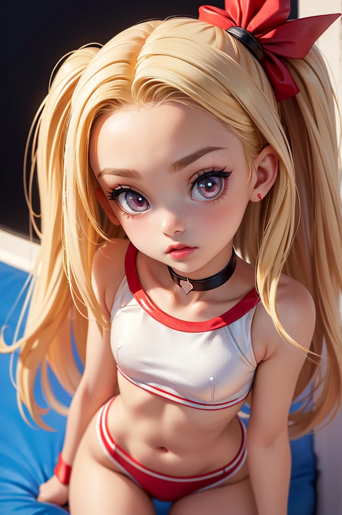hyperrealistic old american teen, blonde, little, perfect tiny body, sexy, dark makeup, small choker, perfect slim face, big red lips, very cute face, tiny body, big eyes, young looking, childish looking, red sexy cheerleader outfit, perfect belly
