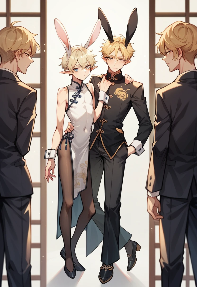 (masterpiece, best quality) detailed, Wearing black tights, Silver Jewelry ,Blonde boy ,elegant, Pointed ears，cheongsam，Hanfu，Large target ，edgBunny，Rabbit Boy