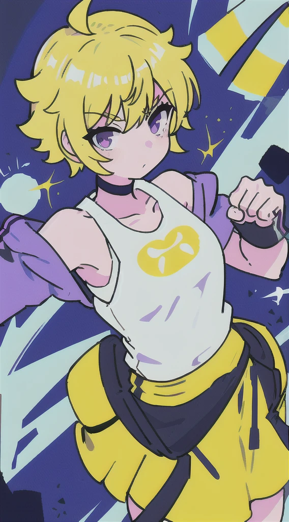 an athletic girl, flat chest, yellow hair, short messy hair, purple eyes, wearing a white MMA outfit and an off-shoulder jacket, shoulders exposed, punk, tough and aggressive, boxing wraps around hands