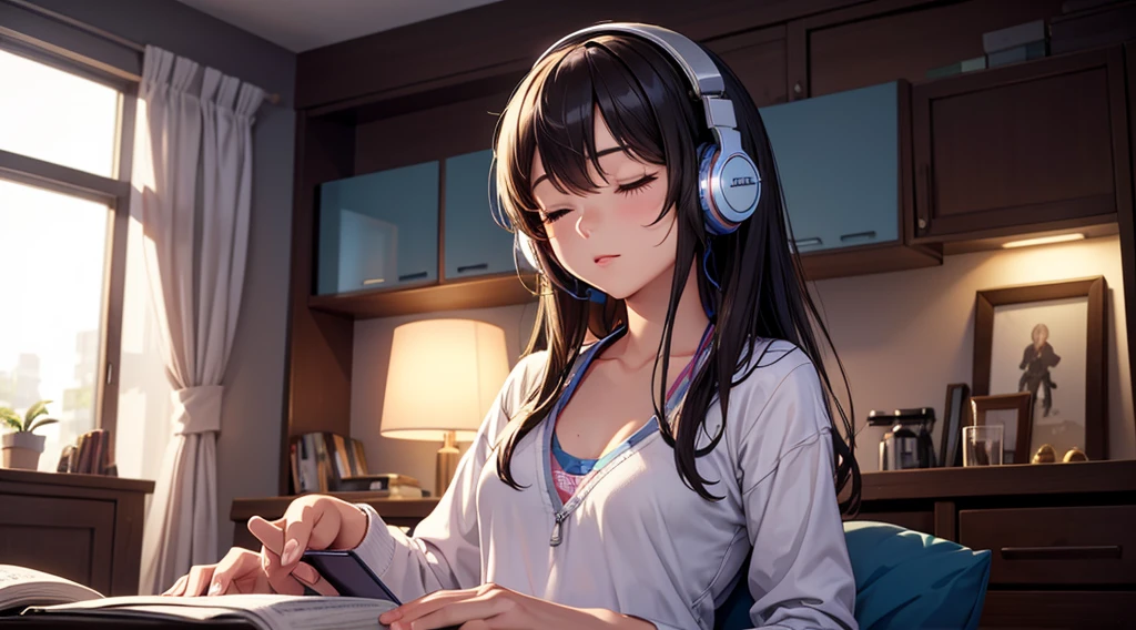 Girl with headphones enjoying music in a home　I am studying　Emphasize a little bit of the big chest　Looking towards me with eyes closed　Night Background