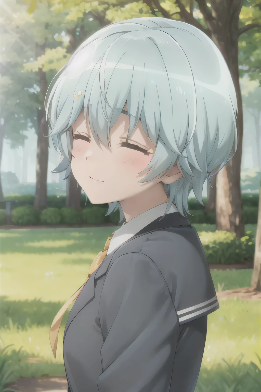 Sunlight，forest，Blue Hair，Close your eyes and act cute，Slightly blush，JK school uniform