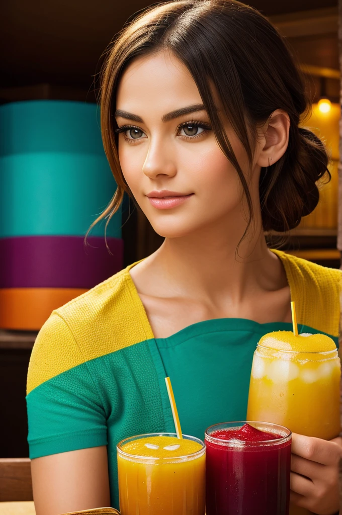 Portrait Images for a restaurant menu made of rolls, with a multi-colored texture, look very appetizing, next to yellow drinks, the picture is very effective, looks like a realistic fresh dish
