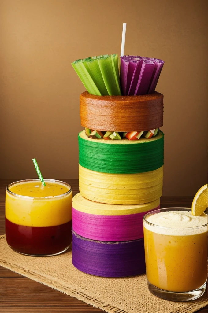 Portrait Images for a restaurant menu made of rolls, with a multi-colored texture, look very appetizing, next to yellow drinks, the picture is very effective, looks like a realistic fresh dish