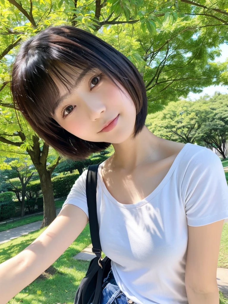 Beautiful japanese woman, short hair, wearing casual outfit, selfie with iphhon camera, selfie, front view, at park