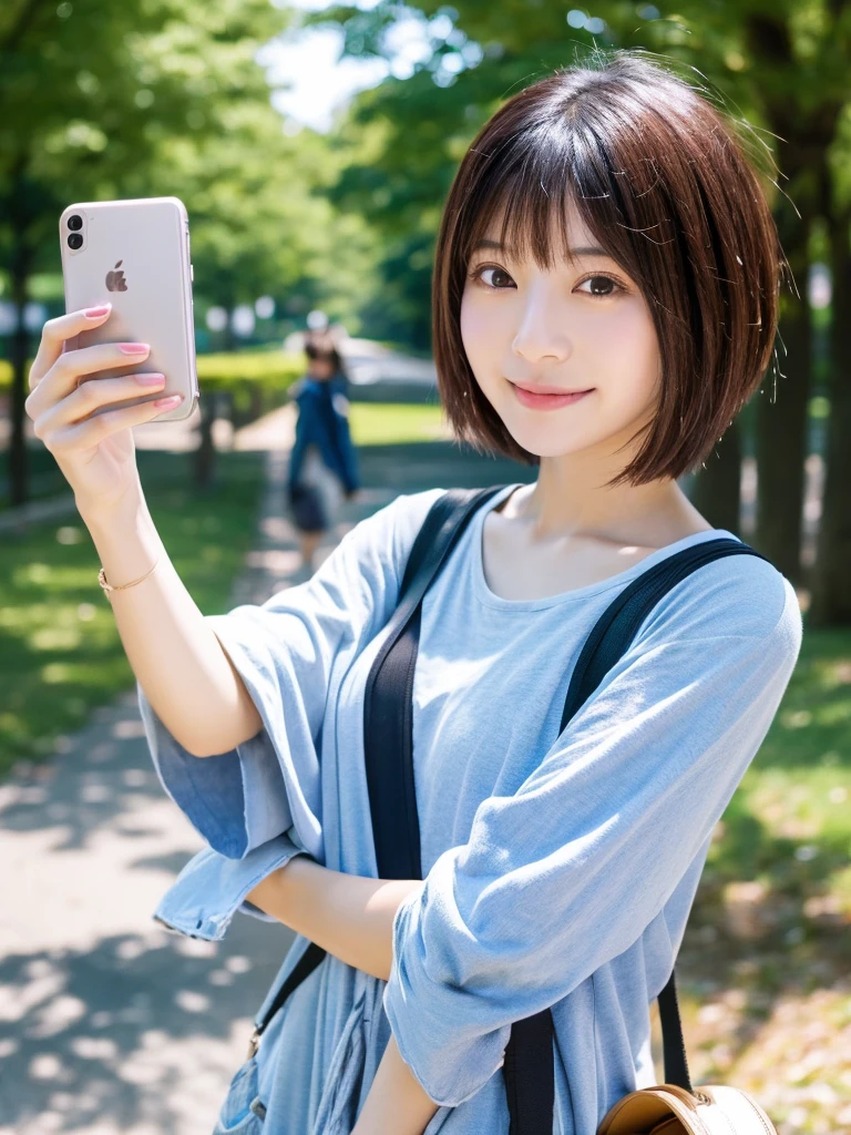 Beautiful japanese woman, short hair, wearing casual outfit, selfie with iphhon camera, selfie, front view, at park