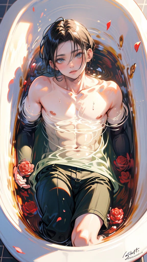 (8K, hight resolution, ultra-detailliert), anime boy taking a bath in a bathtub with rose petals, wet body, bathtub, bubble bath, high quality fanart, bath, Beast, at pixiv, official fanart, pixiv, detailed fanart, relaxing, levi ackerman, in bathroom, relaxing environment, relaxing mood, by Shingei, anime asthetic, relaxing concept art, wet anime boy, with rose petals in the bathtub, beautiful atmosphere, hot anime boy, cute beautiful man, wet body, green eyes, black hair