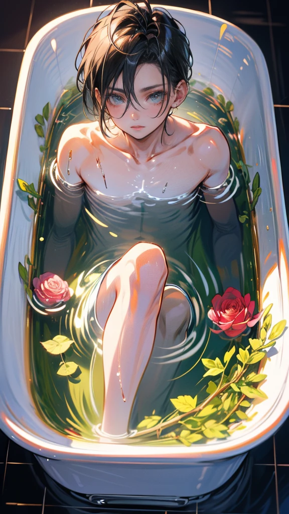 (8K, hight resolution, ultra-detailliert), anime boy taking a bath in a bathtub with rose petals, wet body, bathtub, bubble bath, high quality fanart, bath, Beast, at pixiv, official fanart, pixiv, detailed fanart, relaxing, levi ackerman, in bathroom, relaxing environment, relaxing mood, by Shingei, anime asthetic, relaxing concept art, wet anime boy, with rose petals in the bathtub, beautiful atmosphere, hot anime boy, cute beautiful man, wet body, green eyes, black hair