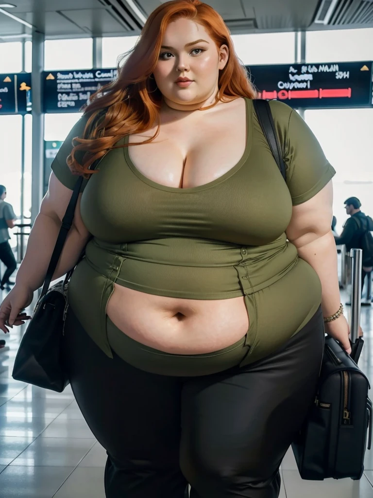 A plane passenger detailed photo of a Beautiful ginger SSBBW, with long wavy ginger hair, with big soft fat belly, thicc fat arms, thicc wide legs, big breast, in a cute green top tucked in her pants, and black pants, in an airport waiting for the plane, with only one big shoulder bag on her shoulder