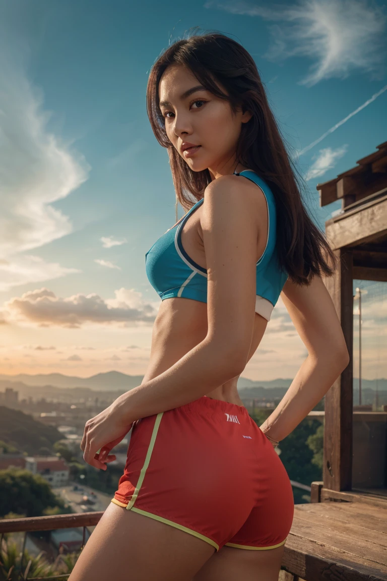 A beautiful young Chinese girl wearing a sexy sports outfit with short pants, standing in a picturesque morning scene with a stunning sunrise in the background, (best quality,4k,8k,highres,masterpiece:1.2),ultra-detailed,(realistic,photorealistic,photo-realistic:1.37),beautiful detailed eyes,beautiful detailed lips,extremely detailed eyes and face,longeyelashes,professional,vivid colors,natural lighting,stunning landscape,dramatic sky,vibrant colors,cinematic composition