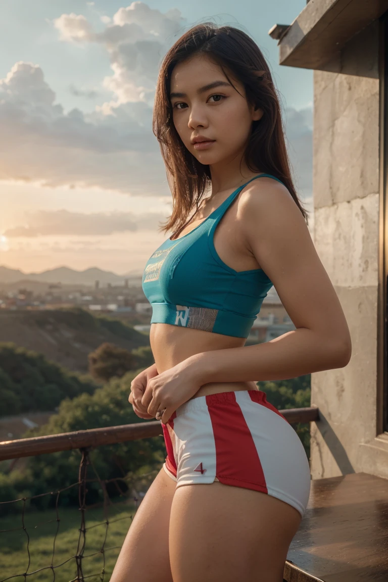 A beautiful young Chinese girl wearing a sexy sports outfit with short pants, standing in a picturesque morning scene with a stunning sunrise in the background, (best quality,4k,8k,highres,masterpiece:1.2),ultra-detailed,(realistic,photorealistic,photo-realistic:1.37),beautiful detailed eyes,beautiful detailed lips,extremely detailed eyes and face,longeyelashes,professional,vivid colors,natural lighting,stunning landscape,dramatic sky,vibrant colors,cinematic composition