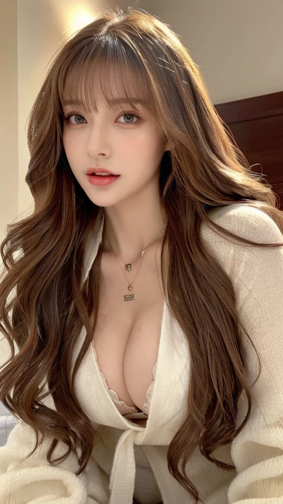 (The best product,High resolution,masterpiece:1.3),A sexy and beautiful woman,slim body,((Air bangs,Brown hair,Fluffy wavy style))((Long wavy red hair))Beautiful and smooth G cup breasts、Show cleavage,wearing a pendant,Wearing only a white scarf,(The background is an interior modern bed),Delicate sunlight、in bright room,Details on faces and skin textures are beautifully rendered,Delicate and sexy eyes,double eyelids、Sexy lips biting、facing the audience、Sexy expression、The body is soaked、full-body shot、Sexy relaxing pose