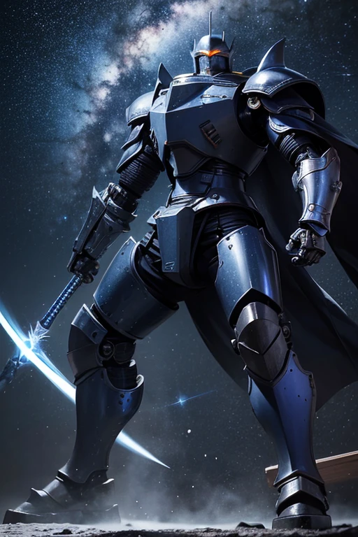 Giant mechanical Robot “Kuro-Kishi” . (Rugged thick armor), (dark-blue armor), (mechanical body), holding large sword, (holding circle shield), (holding long spear), (equipped white large cloak), (Full body). (battle action), Milky Way night.