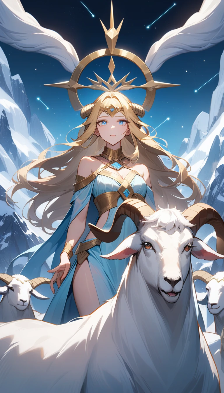 (Huang Li、high quality、Extremely detailed),Constellation - Goddess Capricorn,Giant goat,The goddess caresses the goat,Similar to Latin goodness,brave,capricious,Productivity,The face of enterprising and humanitarianism,Blonde hair,Ancient Greek costumes、Wrap Dress,Snow mountain in the background,Light crystal blue eyes(Eyes Details),Powerful appearance