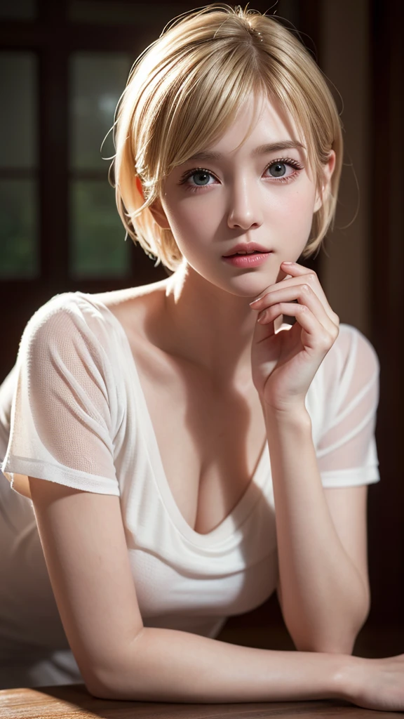 8k, highest quality, tabletop:1.2, (realistic, photorealistic:1.37), highest quality, beautiful young woman, pensive expression, gentle eyes, shy, short hair, blonde, disheveled mood, cinematic background, fair skin tone