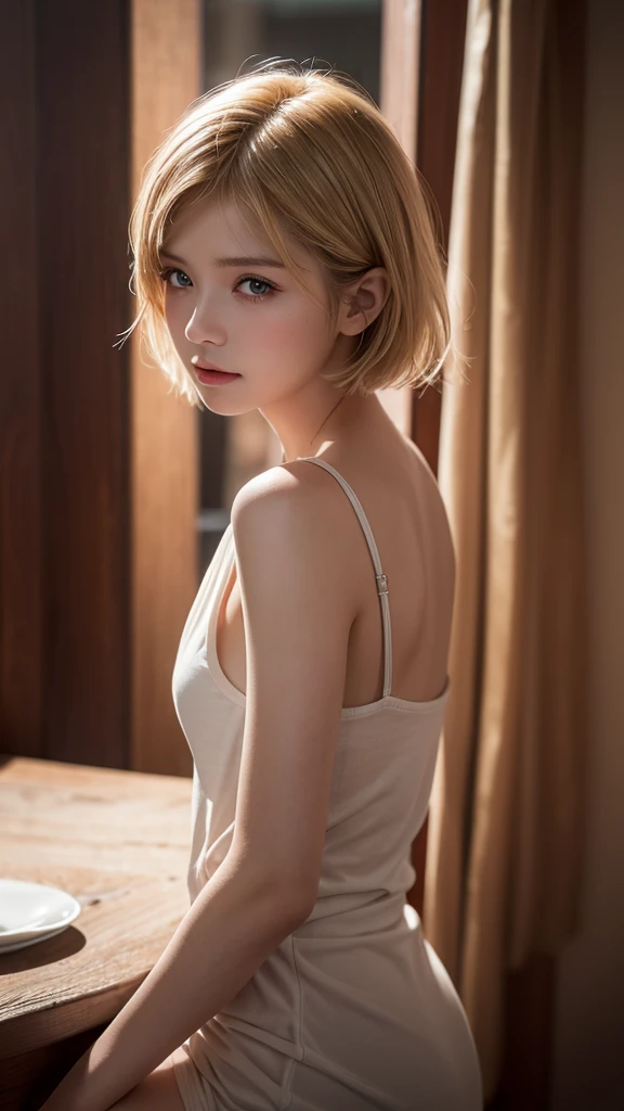 8k, highest quality, tabletop:1.2, (realistic, photorealistic:1.37), highest quality, beautiful young woman, pensive expression, gentle eyes, shy, short hair, blonde, disheveled mood, cinematic background, fair skin tone