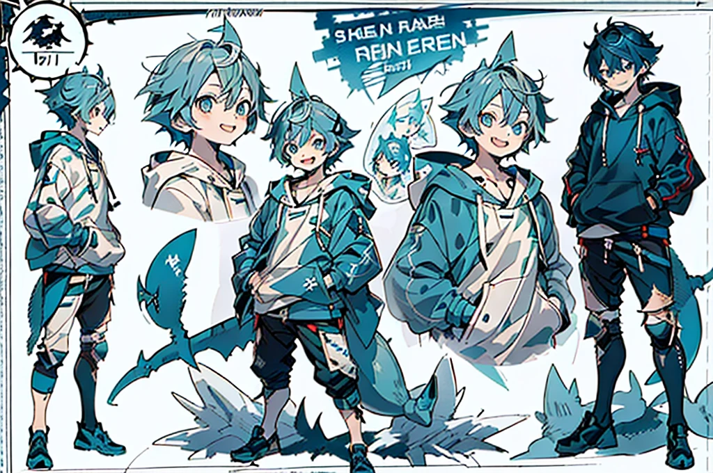 master-piece, hyper quality, hyper detailed, perfect drawing, 1boy, ((Hairstyle: Messy Japanese Round Haircut for Thick Hair)), ((blue hoodie)), ((shark tail)), ((Cute smile and sharp shark teeth), ((blue eyes)), ((blue hair,)) height 167cm, stand still, (character sheet:1.4), (concept art:1.4), fashionable