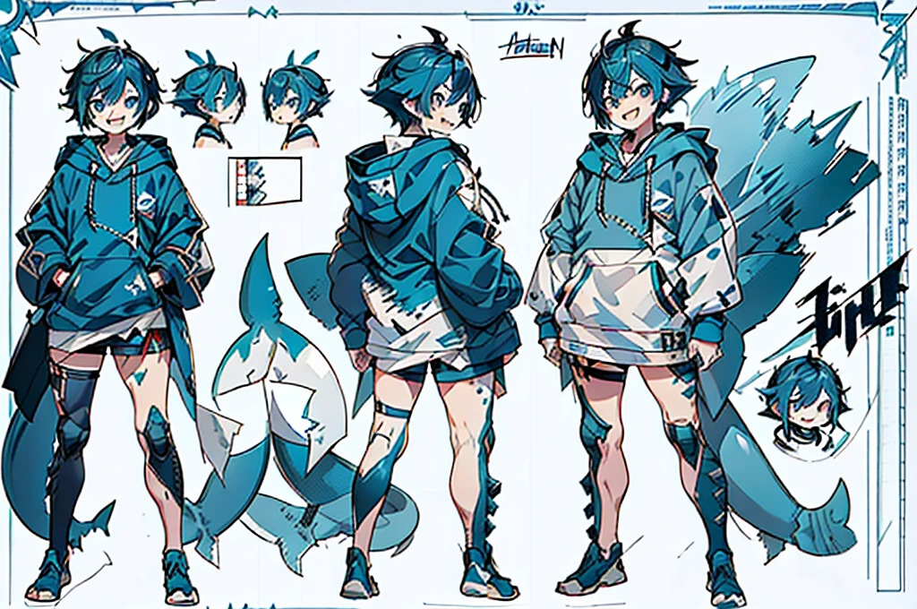 master-piece, hyper quality, hyper detailed, perfect drawing, 1boy, ((Hairstyle: Messy Japanese Round Haircut for Thick Hair)), ((blue hoodie)), ((shark tail)), ((Cute smile and sharp shark teeth), ((blue eyes)), ((blue hair,)) height 167cm, stand still, (character sheet:1.4), (concept art:1.4), fashionable
