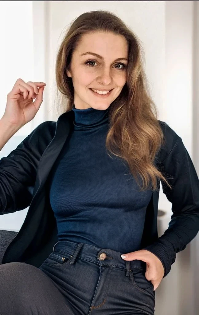 Flat body, high quality, slim body, a woman with no chest, blue jeans as pants, no wrinkles in clothes, tight turtleneck