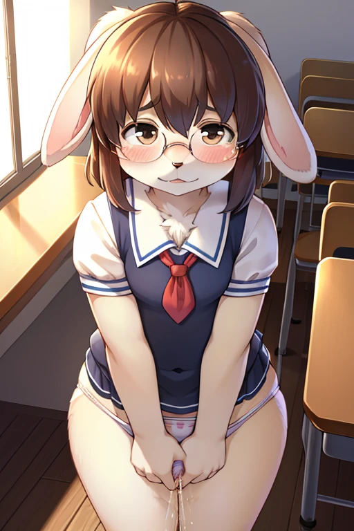 From above , Full Body Shot , Hairy Rabbit Short Girl , (Realistic shaggy rabbit fur:1.2) , Round mumps face , (Tilt your face:1.2) , Otaku , cheek swelling , Glossy Lips , Glasses , School sailor , skirt , Peeing , Hold the crotch , shame , Embarrassing,(White panties:1.2)