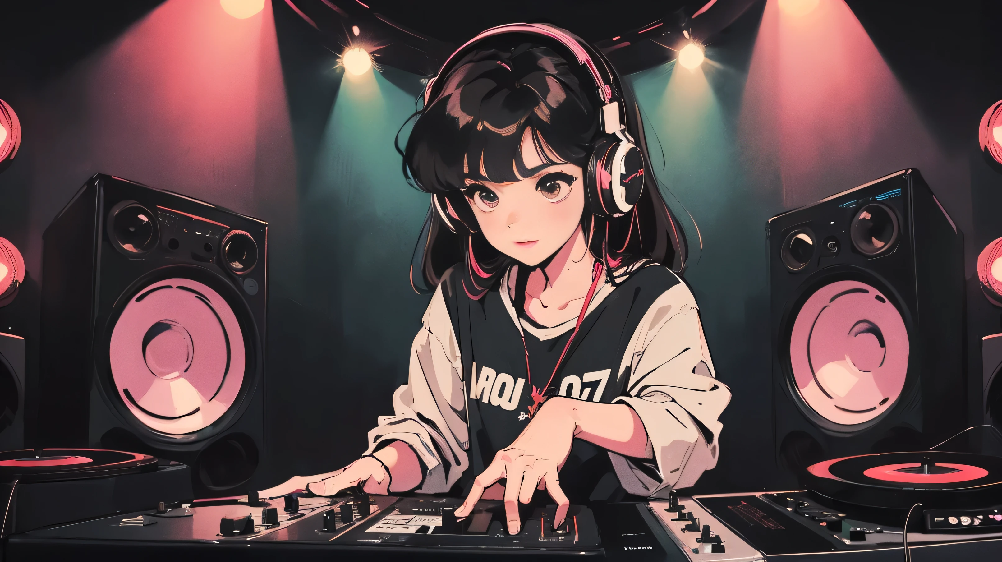 Battle DJ girl in HIPHOP fashion wearing DJ headphones,Front view , Turntablist, DJ Scratch, Two large LED-illuminated speakers on each side, Immerse yourself in a neon-lit environment, In front of her is a music mixer and a turntable.、A record is placed on the turntable,ターンテーブルはTechnics SL-1200MK7, JQBert,