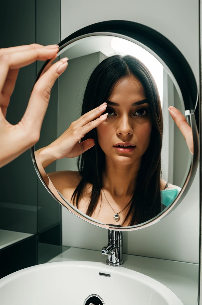 horror. reflection of a woman whose hand is emerging out of the mirrror 