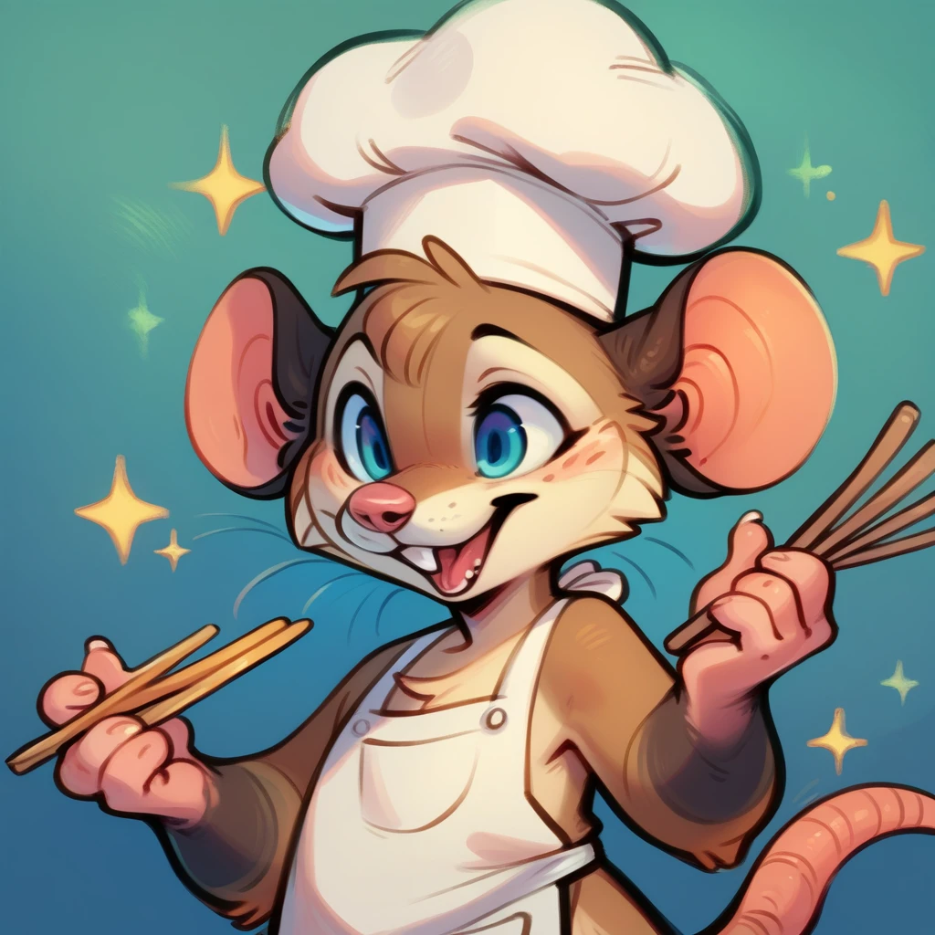 Rat chef, semi-anthropomorphic, holding a fork in his left hand and chopsticks in his right hand, crossed over his chest, happy and laughing expression, detailed facial features, chef hat, apron, detailed clothing, complex textures, high quality, realistic, 8K, masterpiece, cinematic lighting, warm tones