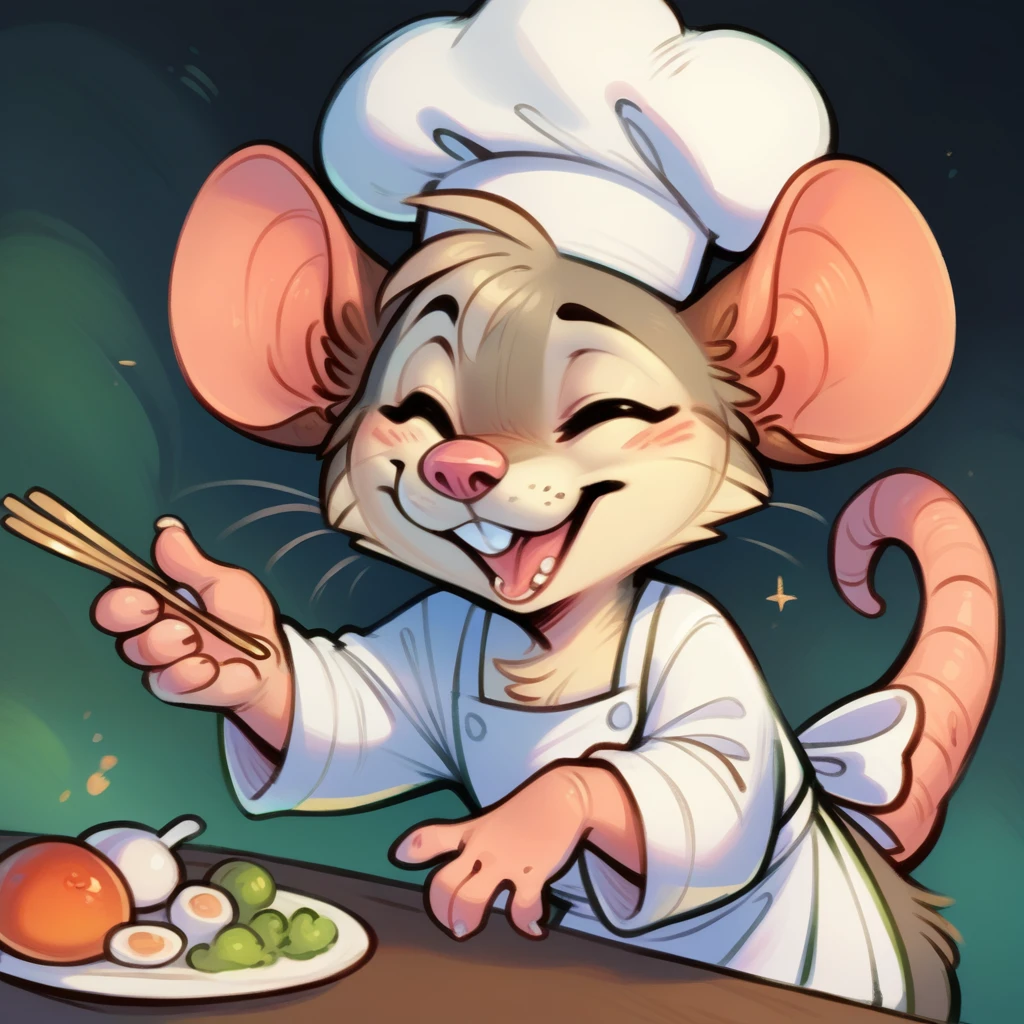 Rat chef, semi-anthropomorphic, holding a fork in his left hand and chopsticks in his right hand, crossed over his chest, happy and laughing expression, detailed facial features, chef hat, apron, detailed clothing, complex textures, high quality, realistic, 8K, masterpiece, cinematic lighting, warm tones