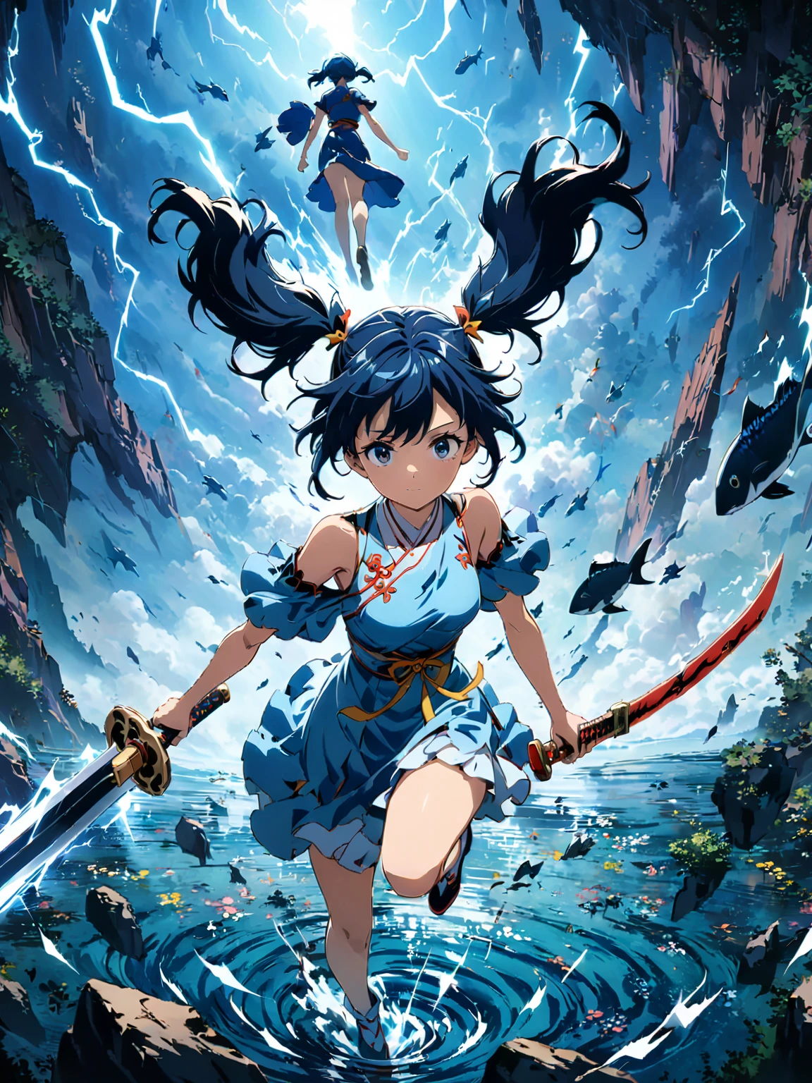 (girl with twin tails:1.3), (2020s Anime screenshot:1.3), (SAMURAI Girl anime character:1.3), (close-up eye shot:1.2), (low angle view:1.2), (lightning slash:1.3), (Chinese sword:1.3), (slashing lightning with motion blur:1.2), (swirling motion around the sword:1.2), (action scene:1.2), (floating:1.2), (fish eye lens:1.2), (Jump | Running | Inversion | Spin:1.2), (anime girl in blue dress flying with sword in the sky:1.3), (Makoto Shinkai Cyril Rolando:1.2), (wallpaper anime blue water:1.2), (4k anime wallpaper:1.3), (sword and wand - water:1.2), (anime style 4k:1.3), (anime wallpaper 4k:1.3), (anime wallpaper 4k:1.3), (anime girl walking on water:1.2), (anime epic artwork:1.2), (anime art wallpaper 4k:1.2), (anime art wallpaper 4k:1.2), (masterpiece:1.3), (best quality:1.3), (extremely detailed CG Unity 8k wallpaper:1.3), (best quality:1.3), (best illustration award:1.2), (best shadow:1.2), (absurd:1.2), (realistic lighting:1.3), (abyss:1.2), (beautiful detailed glow:1.2), (Peter MohrBacher art work:1.1)
