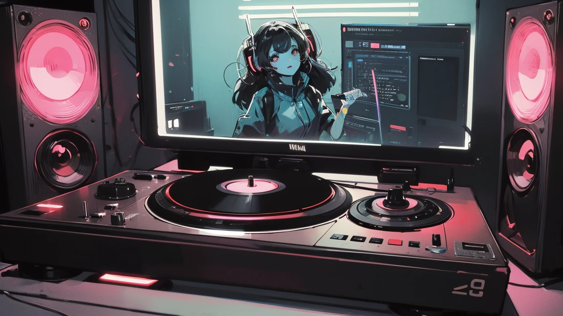 Battle DJ girl in HIPHOP fashion wearing DJ headphones,Front view , Turntablist, DJ Scratch, Two large LED-illuminated speakers on each side, Immerse yourself in a neon-lit environment, In front of her is a music mixer and a turntable.、A record is placed on the turntable,ターンテーブルはTechnics SL-1200MK7, JQBert,