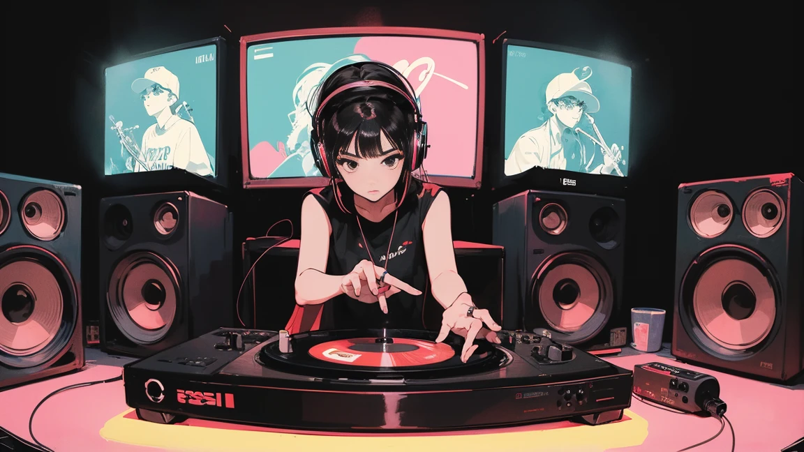 Battle DJ girl in HIPHOP fashion wearing DJ headphones,Front view , Turntablist, DJ Scratch, Two large LED-illuminated speakers on each side, Immerse yourself in a neon-lit environment, In front of her is a music mixer and a turntable.、A record is placed on the turntable,ターンテーブルはTechnics SL-1200MK7, JQBert,