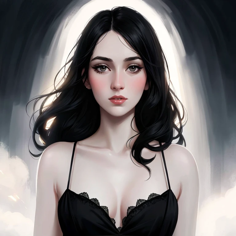 beautiful girl with realistic black eyes, pale skin, mid-length black hair, cum on perfect face, perfect eyes, wearing sheet sundress, highly detailed, comprehensive cinematic, digital painting, 8k, cinematic lighting, best quality, highres, detailed work, post-processing, perfect result, hyper realistic