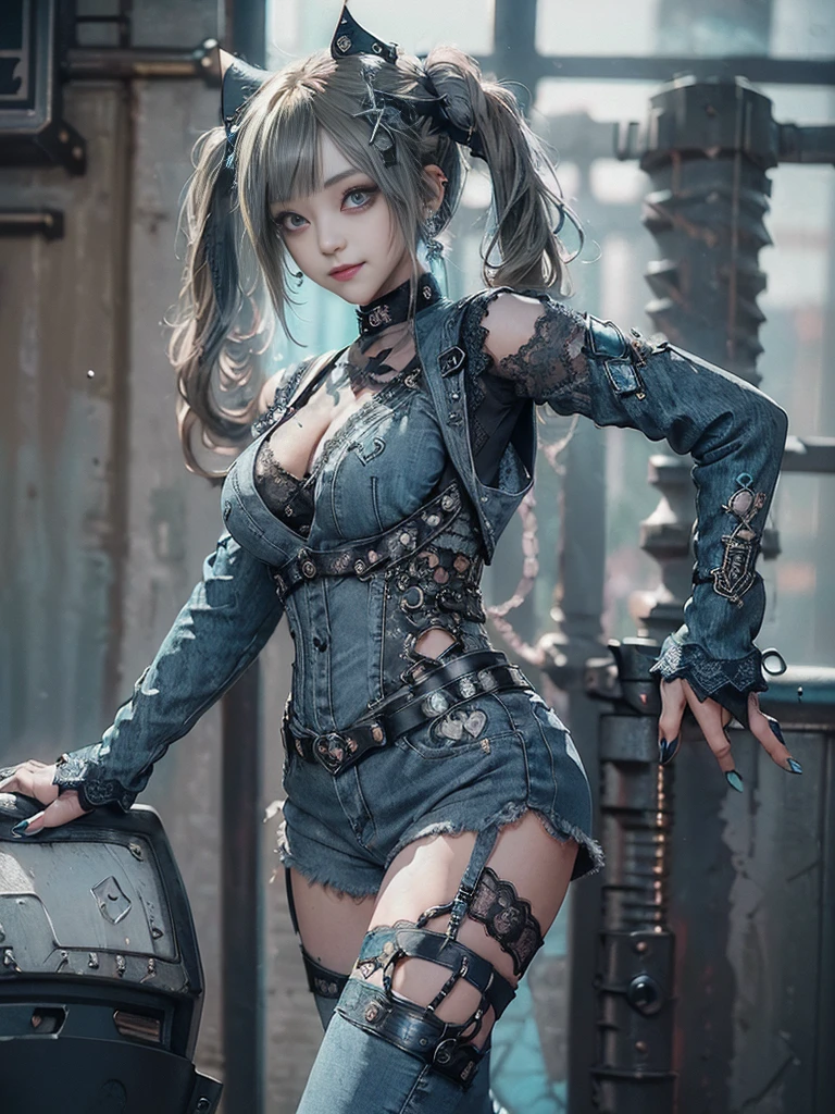 (Full body view:1.2)、(Full Body View:1.2)、(Smiling with teeth showing:1.3),(Shibuya Gal:1.5)、(Beautiful:1.4)、(Neo-Goth Fashion:1.5)、(Punk RockVisual Kei:1.3)、(Futuristic turquoise, denim and navy blue bodysuit:1.5)、(Delicate denim and turquoise cardigan:1.5)、(Gorgeous decorated corset:1.4)、(Navy denim garter belt:1.5)、(Denim, navy and white cargo pants:1.3)、(Heart-shaped silver accessories:1.5)、(Brown Skin Belt:1.4)、(Blue High Heels:1.4)、(Lace underwear:1.4)、20-year-old、Browsing Caution,((Highest quality、In 8K、masterpiece:1.3))、Sharp focus:1.2、(Layered Cut、Huge breasts:1.1),Beautiful woman with perfect figure:1.4、(Doing an aerobics pose:1.3)、Slim Abs:1.2、Butt、Highly detailed face and skin texture、Fine grain、double eyelid,(Twin tails:1.3)、(Brown blonde:1.3)、Obscene、Idol Sculpture、(In the background is a gorgeous medieval metropolis on a sunny day:1.3)、(Slimming your legs:1.4)、(The body is slim:1.3)、(clavicle:1.1)