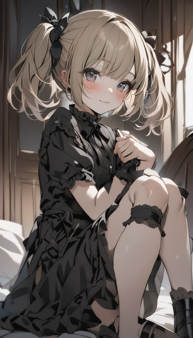 (Highest quality、masterpiece、Super detailed、One Girl、Cute face、Silky short blonde、(((Short hair in twin tails、Short bob twin tails)))、Gray eyes、From the knee up、Gothic ta Fashion、Highly detailed eye、Little red cheeks and nose、Cute face、