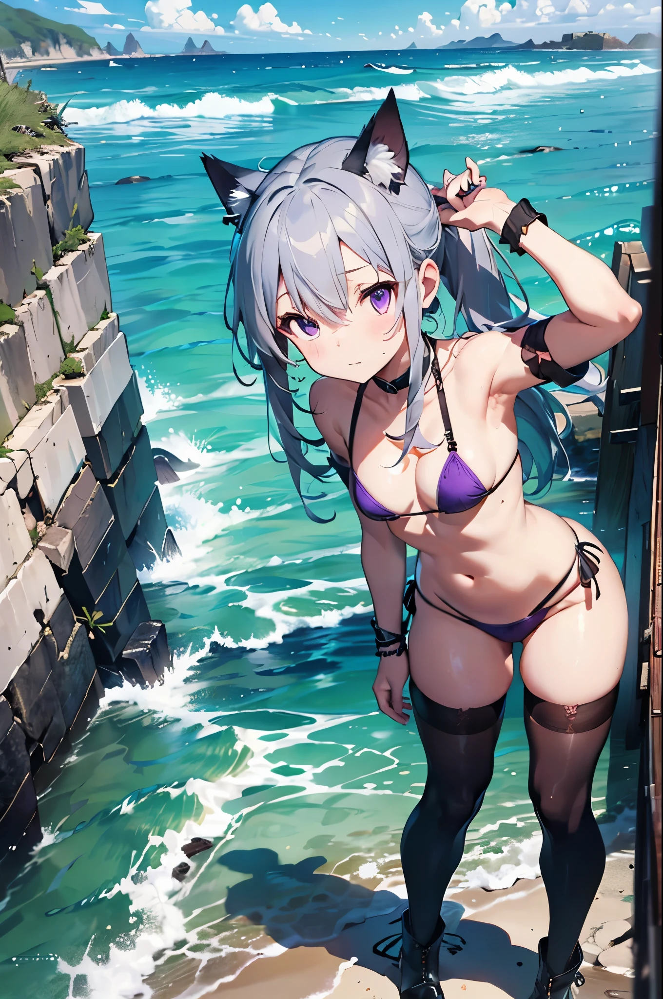 Movie angle, Depth of written boundary, (Looking at the audience), (right foreground: 1), (Standing photo: 1),
Cat ear girl, (alone),Blue Hair,(White skin:1), (Curvaceous:1.2), (Wide Hips:1.1), Cat ear girl,
(Beautiful Coast Background), (Coast Background: 1.4), (Coast Background: 1.4),
(Red clothes), (Bare shoulders, Red Micro Bikini), (Thong Panties: 1.2), Thigh-high boots,
(ponytail, Hair between the eyes), (Silver Hair), (Purple eyes), (Flat Chest: 1.2),
Expressionless, Stunned, sleepy,
Wakame seaweed, Wakame seaweed, Wakame seaweed, Wakame seaweed, Wakame seaweed, Wakame seaweed, Wakame seaweed, Wakame seaweed