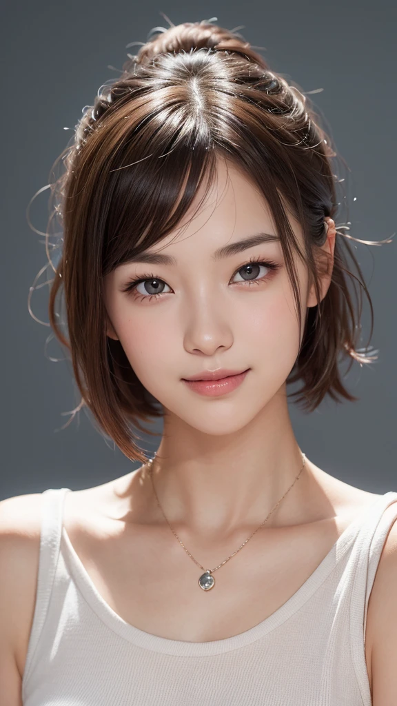 (1girl), ponytail, Extremely cute face, Amazing face and eyes, (Highly detailed eyes, Highly detailed face), fresh, Very clean appearance, (Hyper-realistic, hight resolution), (Best Quality:1.4), (hyper quality), Authentic skin texture, Raw photo, (Realistic, Photorealsitic:1.37), highly detailed, girl portrait, Japanese beautiful girl, the most beautiful girl in the world, short hair, LOL,smile