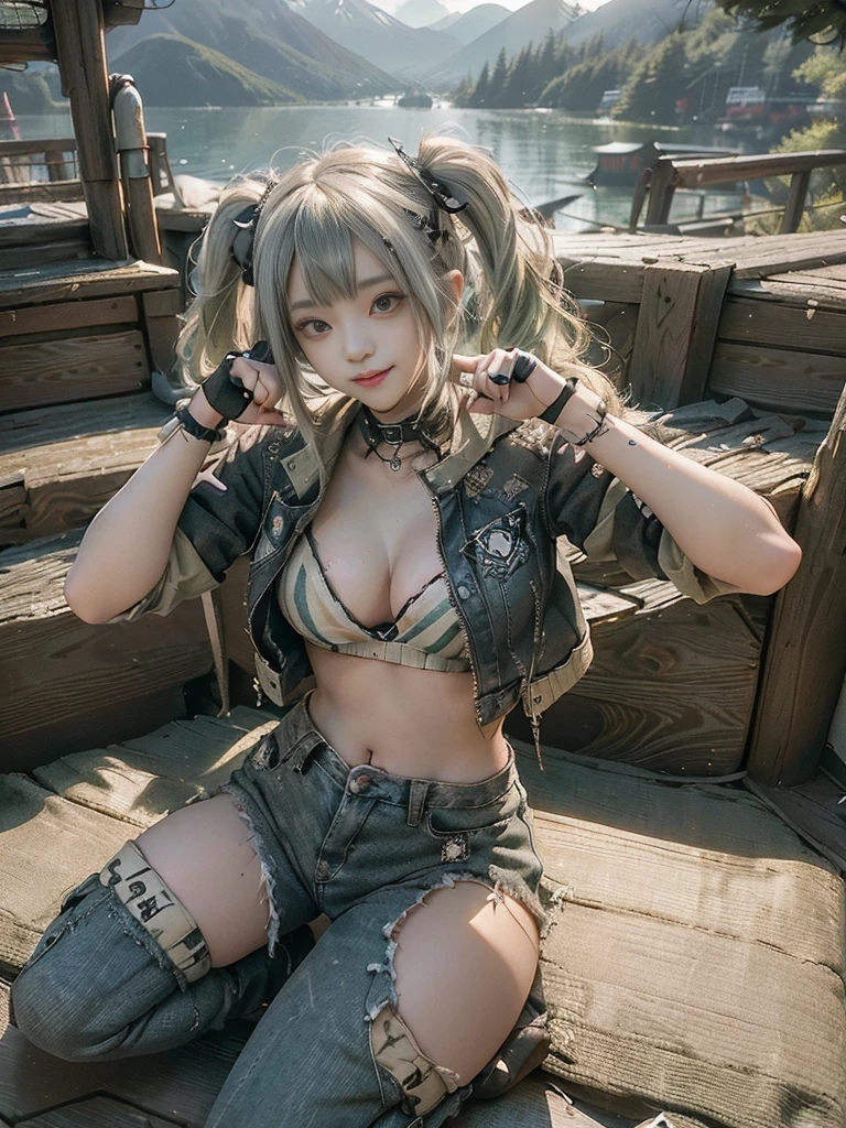 (Full Body View:1.4)、(Side view:1.1)、(Hostess:1.3)、(Smiling with teeth showing:1.3),(Shibuya Gal:1.5)、(y2k woman:1.4)、(ta Fashion:1.5)、(Punk RockVisual Kei:1.4)、(A modern short jacket in dark brown and moss green.:1.5)、(Tattered brown and charcoal denim low rise pants:1.5)、(Mustard Yellow Headband:1.3)、(Charcoal and khaki striped knee socks:1.4)、collar、(Brown platform long boots)、(Clothing with logo pattern:1.4)、20-year-old、NSFW,((Highest quality、In 8K、masterpiece:1.3))、Sharp focus:1.2、(Layered Cut、Beautiful boobs:1.1),Beautiful woman with perfect figure:1.4、(Doing an aerobics pose:1.3)、(Open legs:1.3)、(Raise your arms:1.2)、(Open your crotch:1.3)、Slender Abs:1.2、Butt、Highly detailed face and skin texture、Detailed eyes、double eyelid,(Twin tails:1.3)、(Cream colored hair:1.3)、Dynamic Pose、Obscene pose、Humiliating pose、Gravure idol、(Vast mountains々A luxury resort destination with a lake and a lakeside setting:1.3)、(Make your legs thinner:1.4)、(Slim body:1.3)、(clavicle:1.1)、(Thin thighs:1.3)