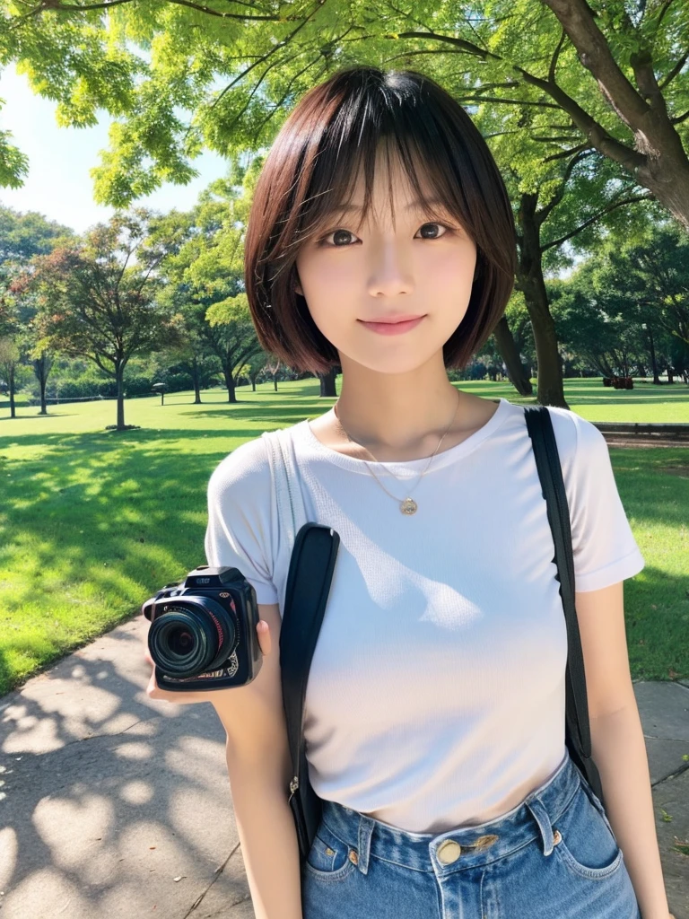 Beautiful japanese woman, short hair, wearing casual outfit, selfie with iphhon camera, selfie, front view, at park