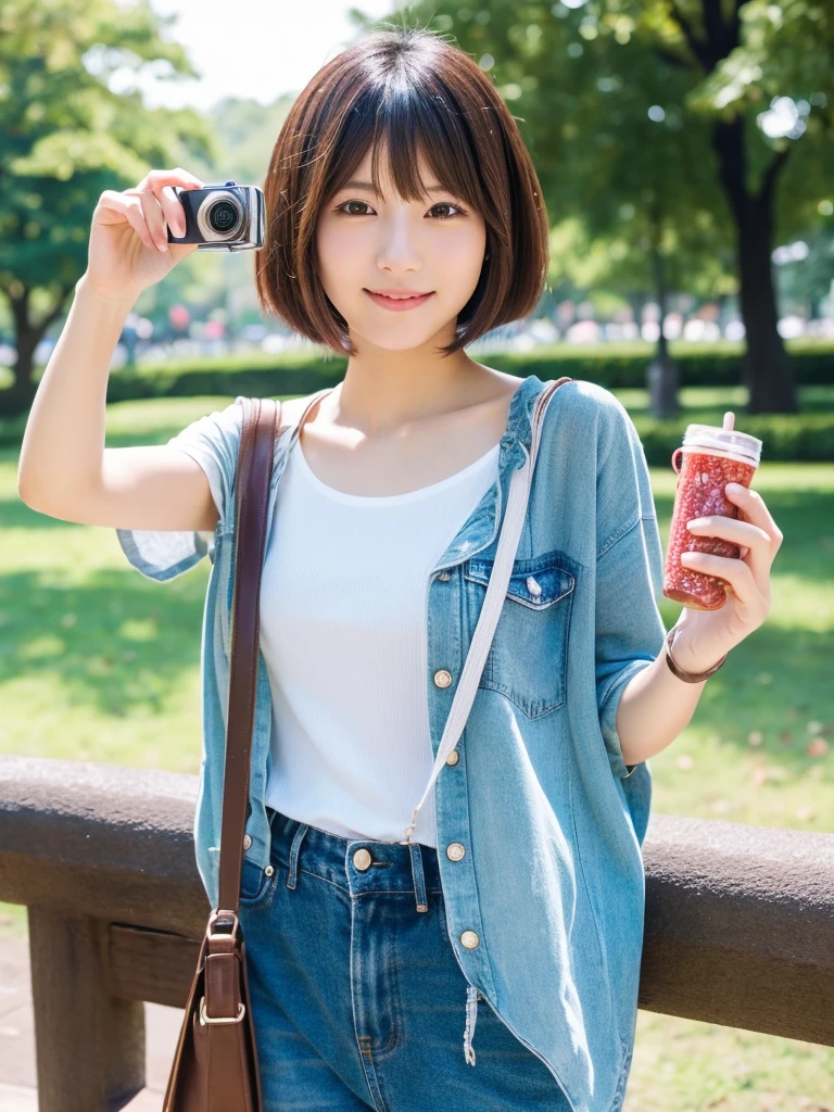 Beautiful japanese woman, short hair, wearing casual outfit, selfie with iphhon camera, selfie, front view, at park